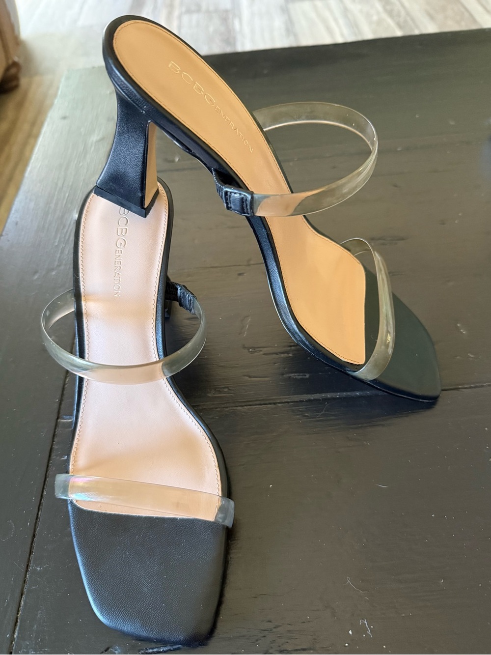 BCBGMaxAzria Black Heeled Sandals with Clear Straps